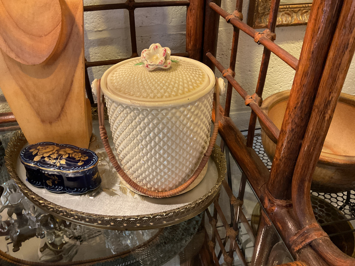 Hobnail Cookie Jar w/ Wicker Handle
