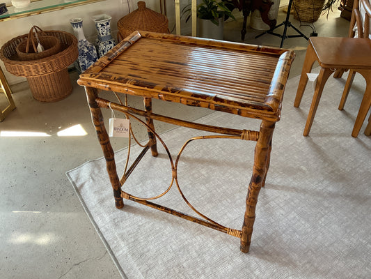 Vtg Tortoise Burnt Bamboo Accent Table / Plant Stand