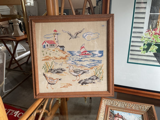 Vtg Framed Summer Themed Cross Stitch