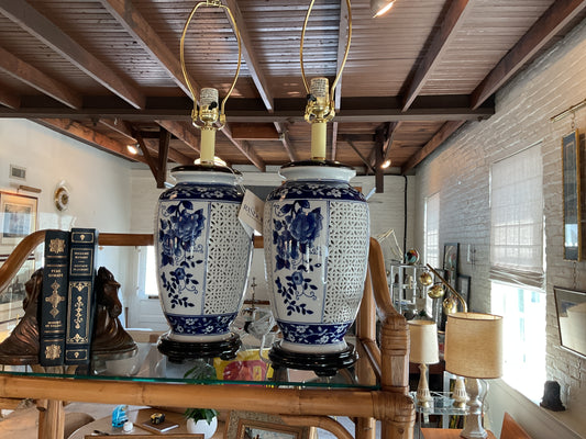 Ceramic Blue and White Lamp Pair