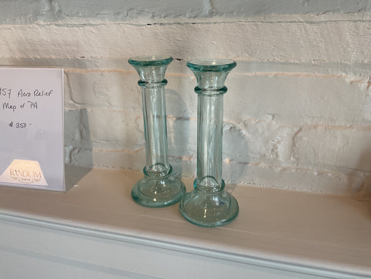 Vtg Green Glass Candle Holders