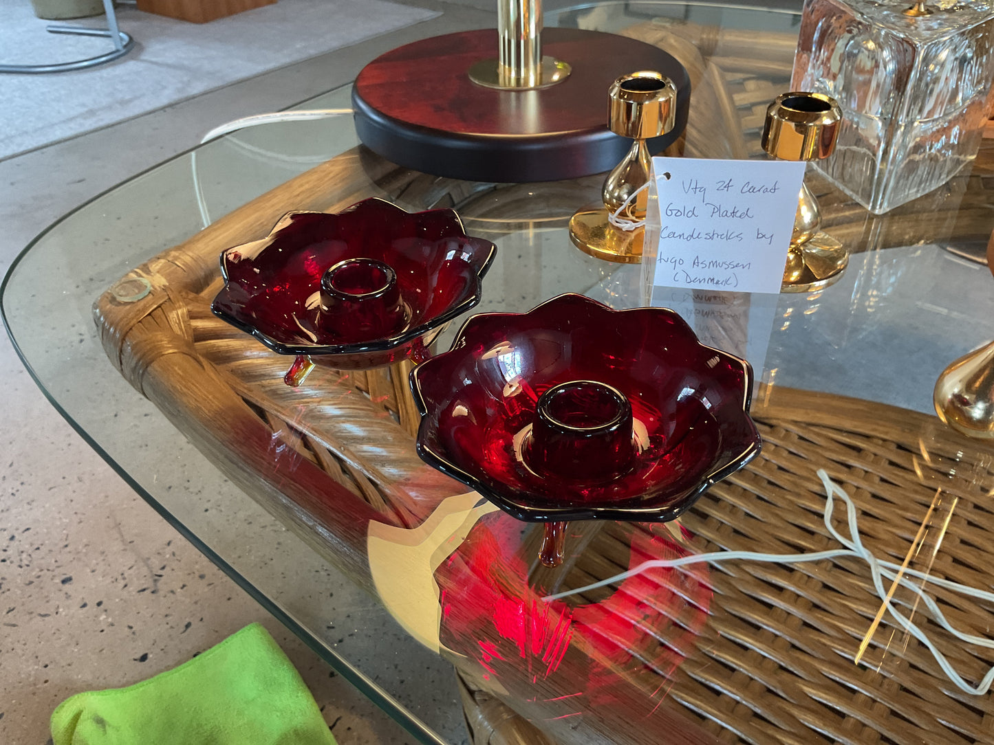 Amberina Glass Lotus Flower Candle Holders