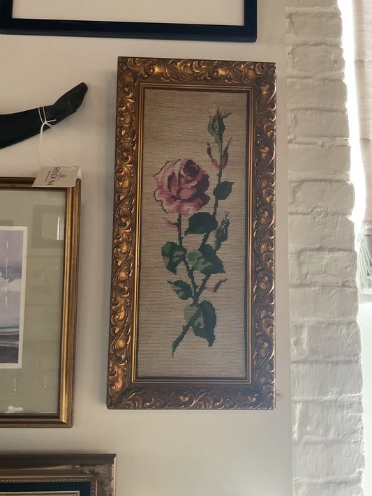 Ornately Framed Needlepoint Rose